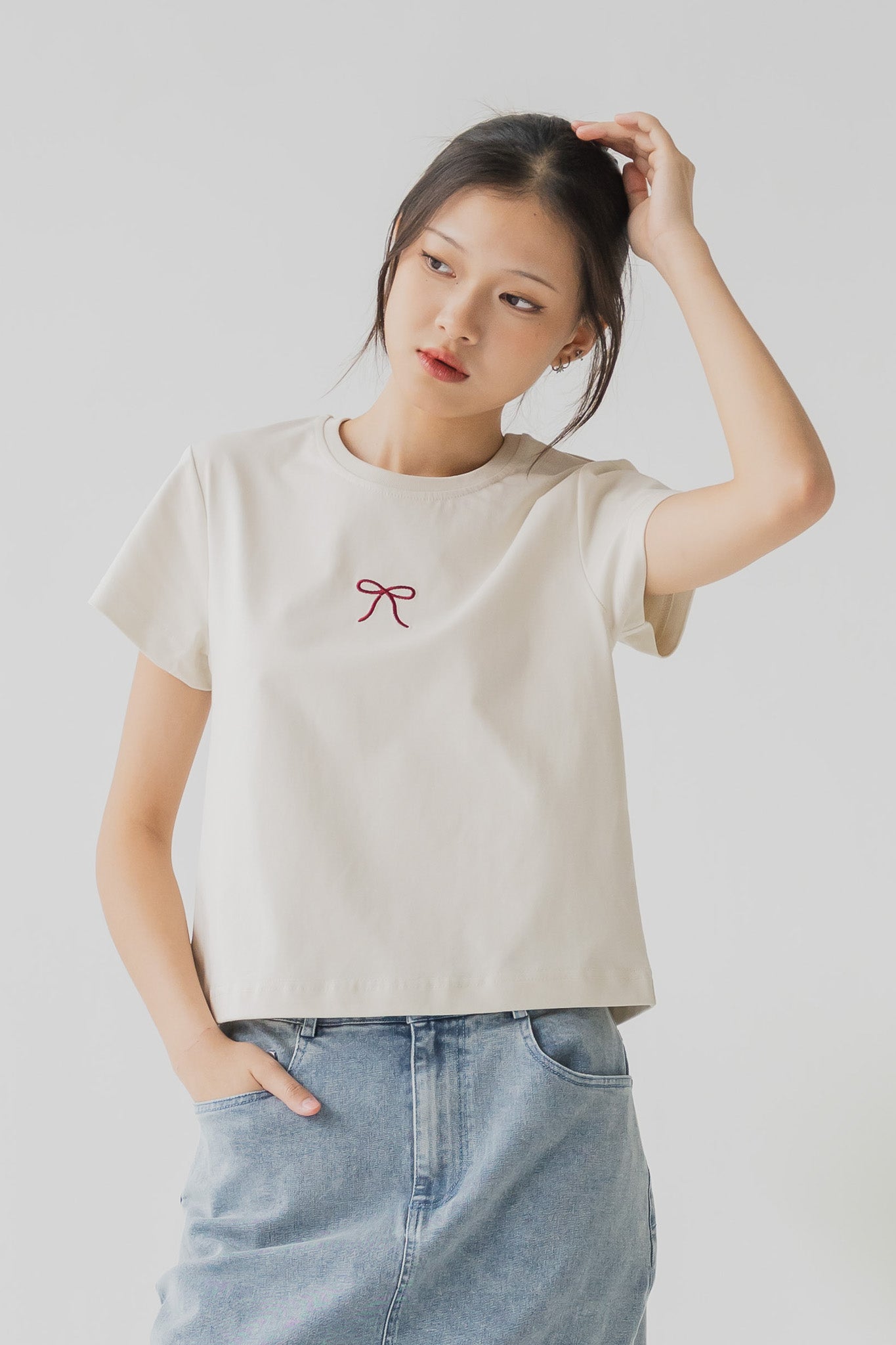 Ribbon Embroidery Tee in Cream