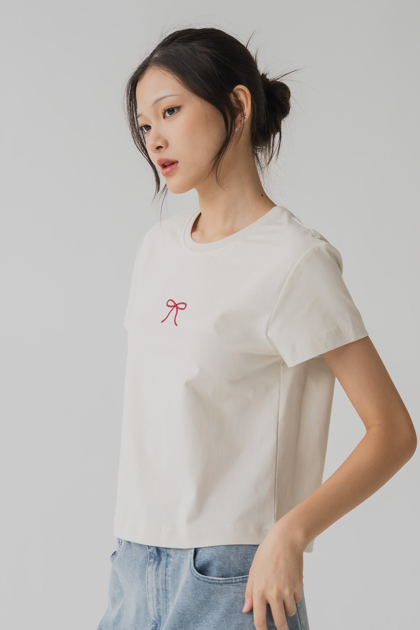 Ribbon Embroidery Tee in Cream