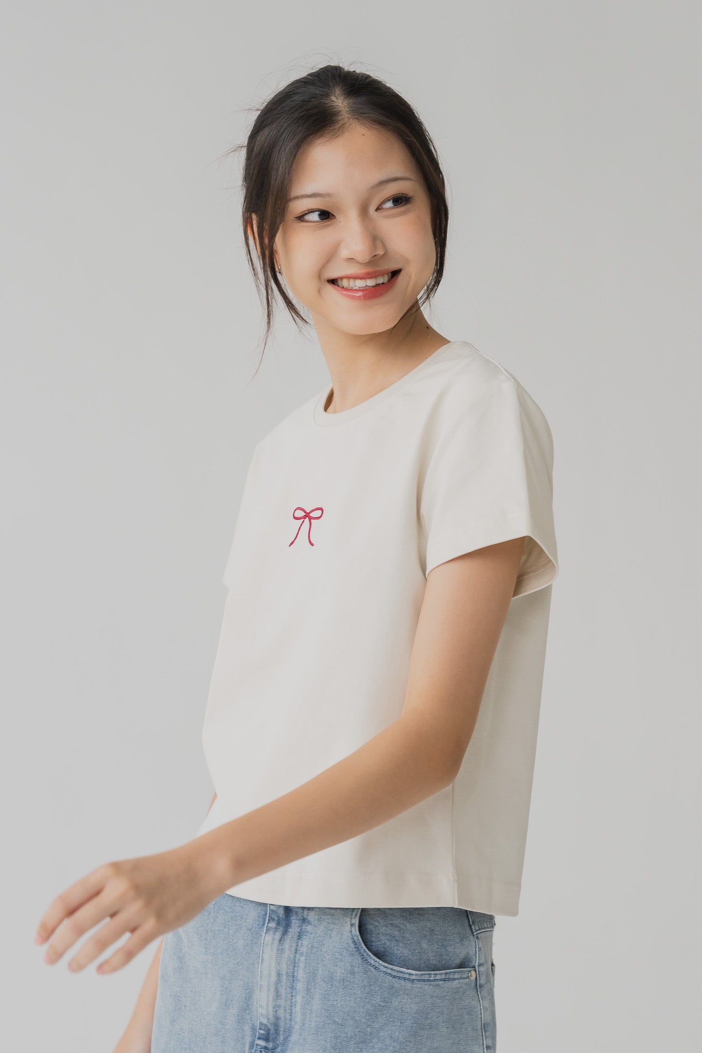 Ribbon Embroidery Tee in Cream