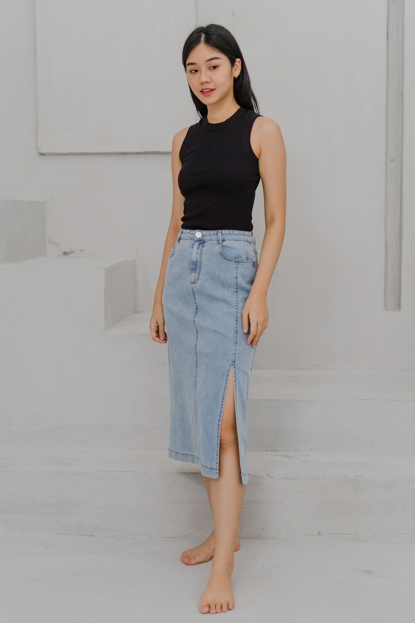 Robyn Side Slit Denim Midaxi Skirt in Light Wash - Main Image
