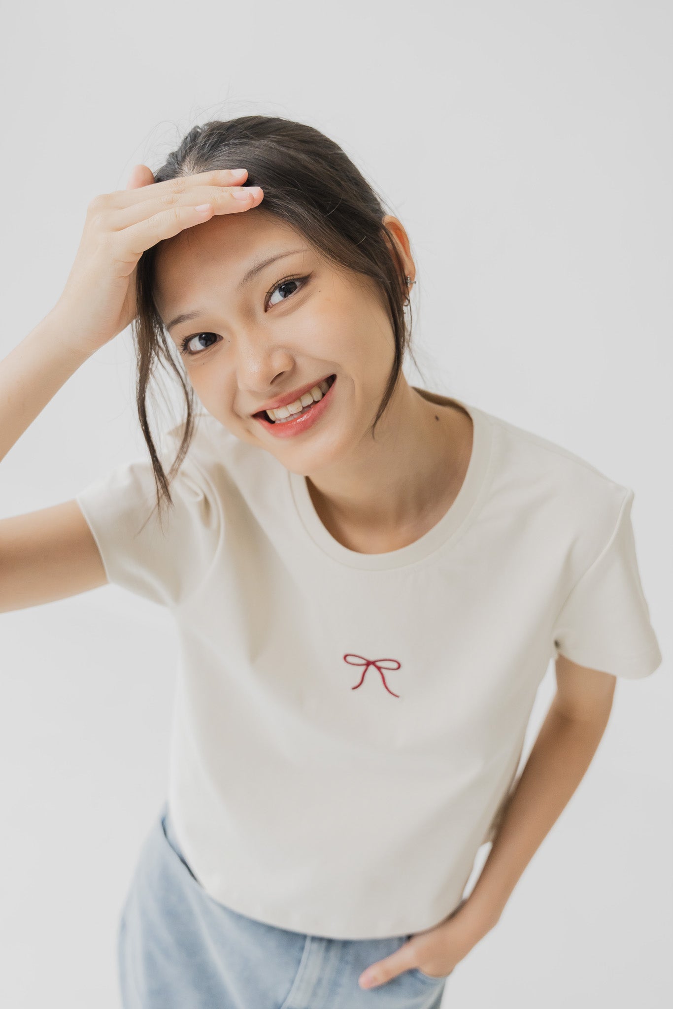 Ribbon Embroidery Tee in Cream