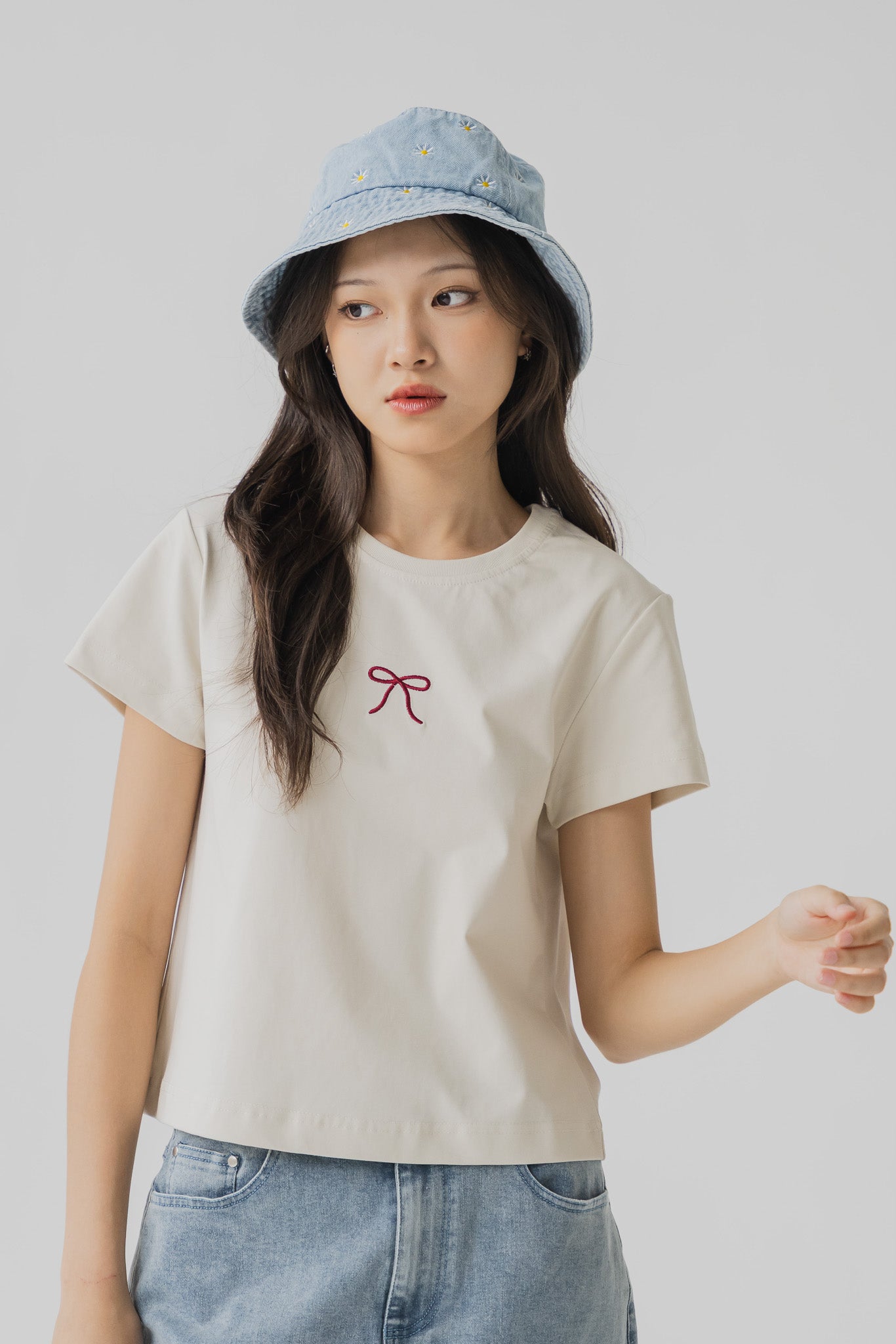 Ribbon Embroidery Tee in Cream