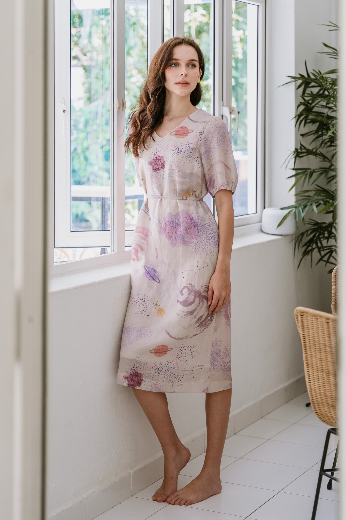 Constellations Sleeved Midi Linen Dress in Aurora