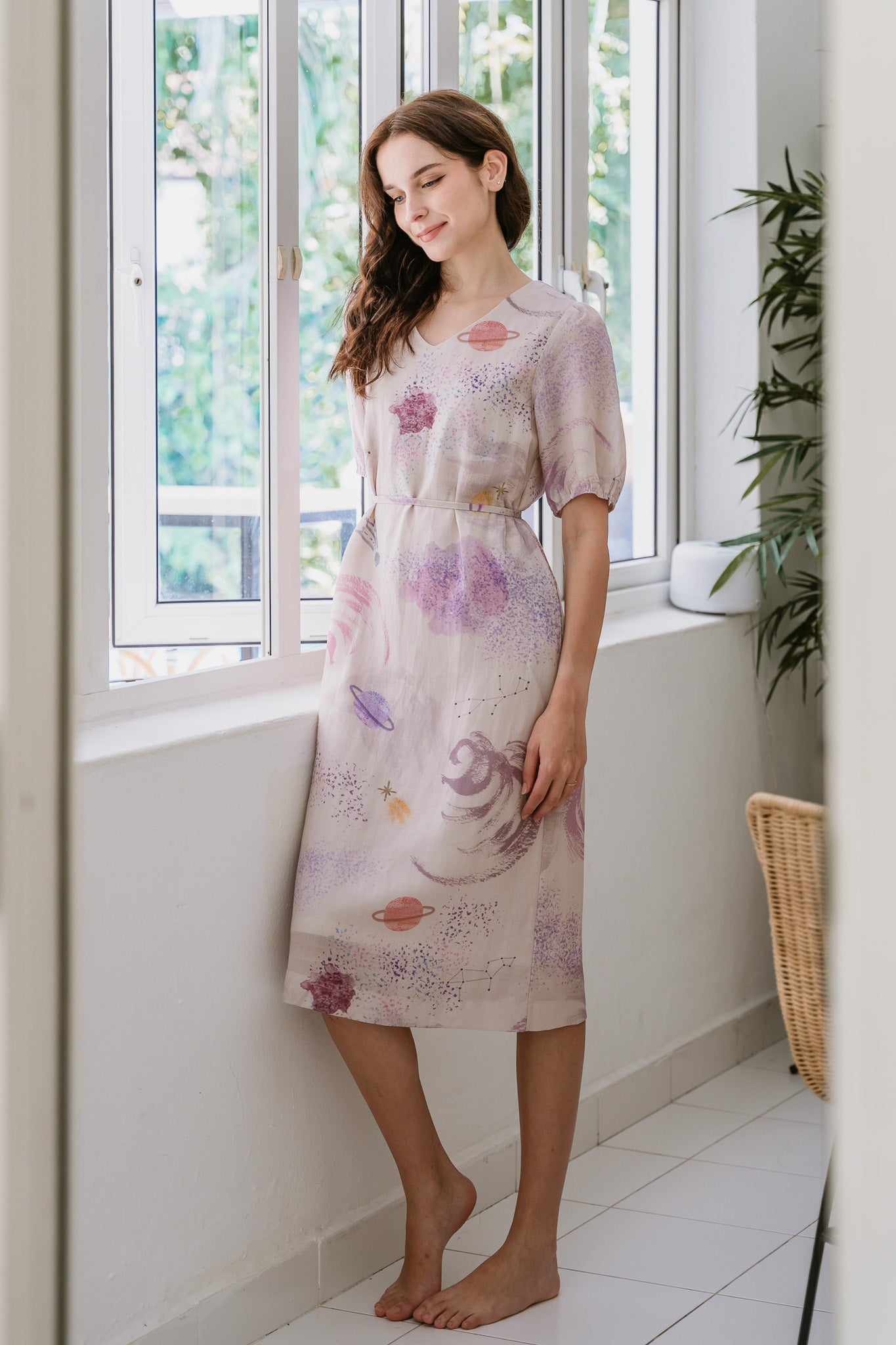 Constellations Sleeved Midi Linen Dress in Aurora