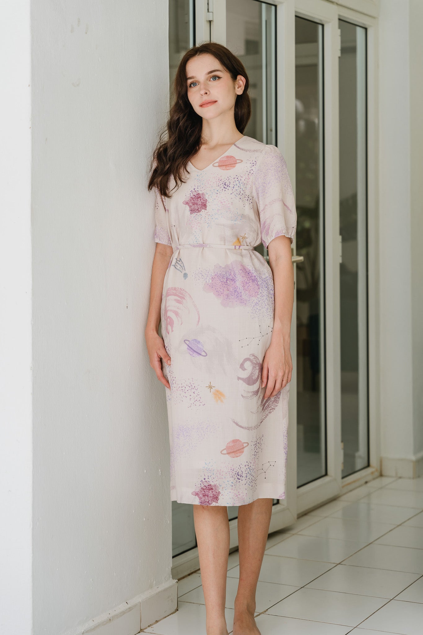 Constellations Sleeved Midi Linen Dress in Aurora
