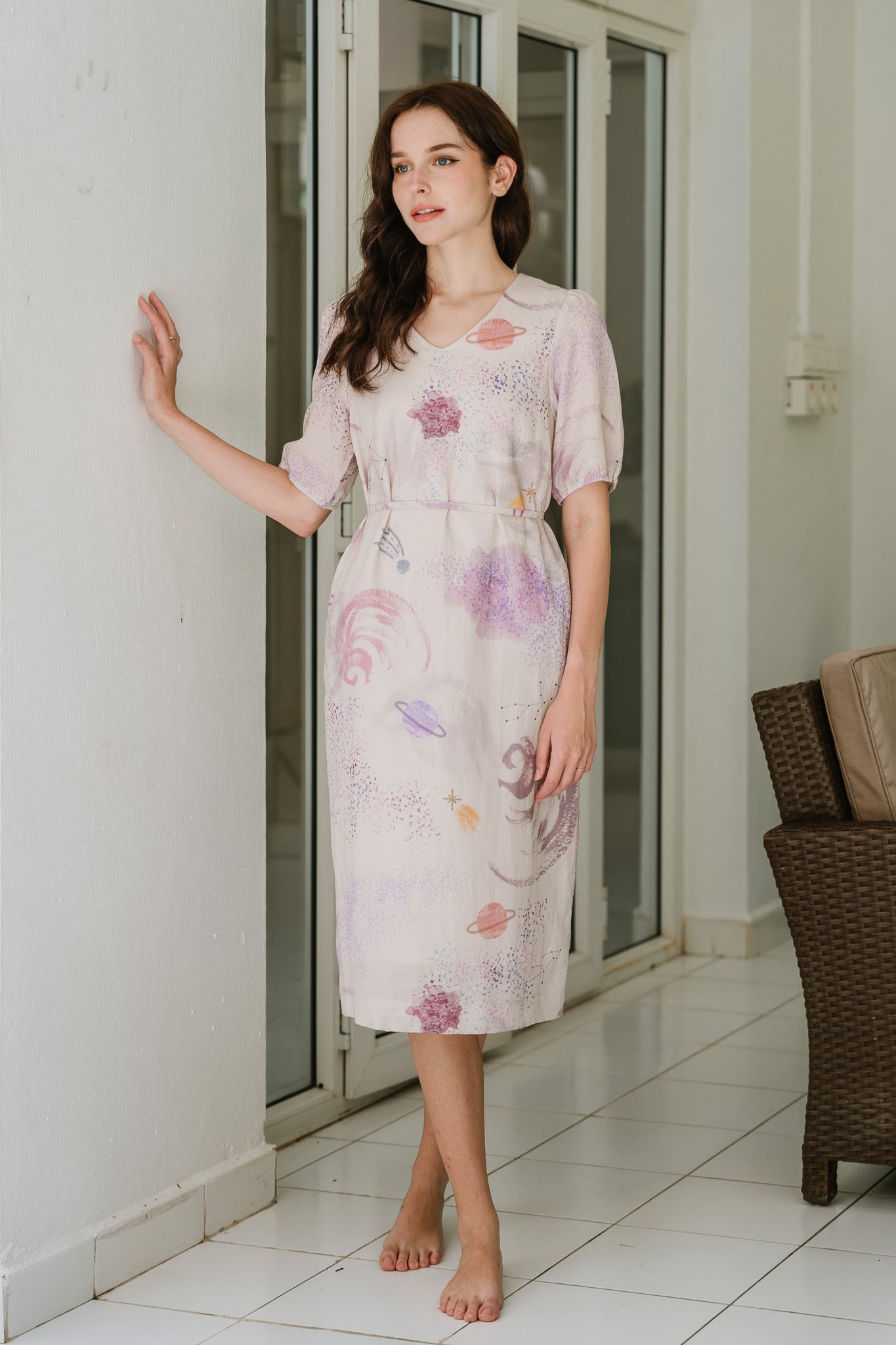 Constellations Sleeved Midi Linen Dress in Aurora
