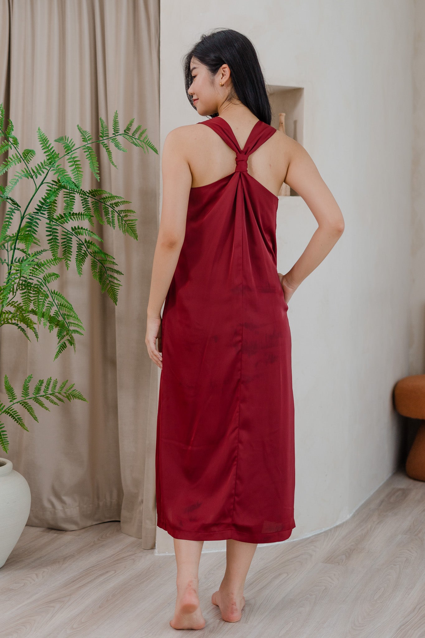 Mon Amour Knot Satin Midaxi Dress in Wine