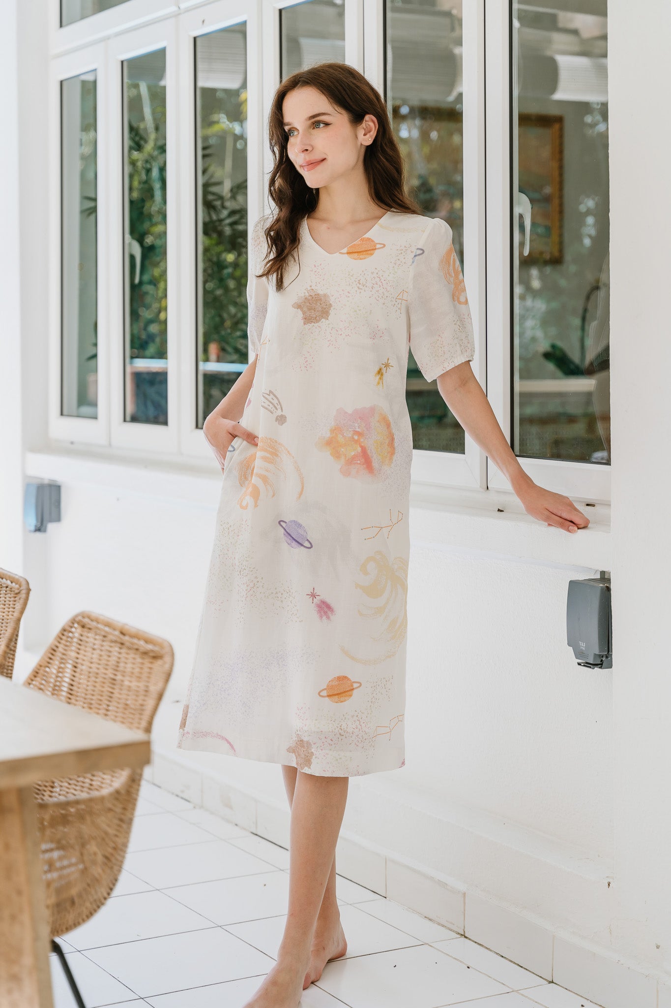 Constellations Sleeved Midi Linen Dress in Stardust