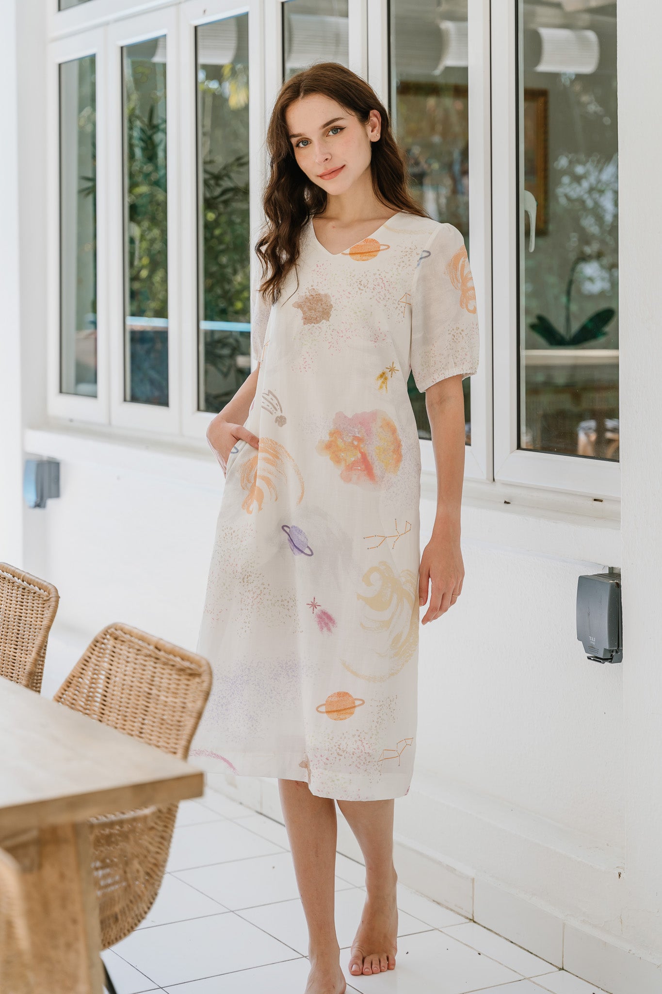 Constellations Sleeved Midi Linen Dress in Stardust