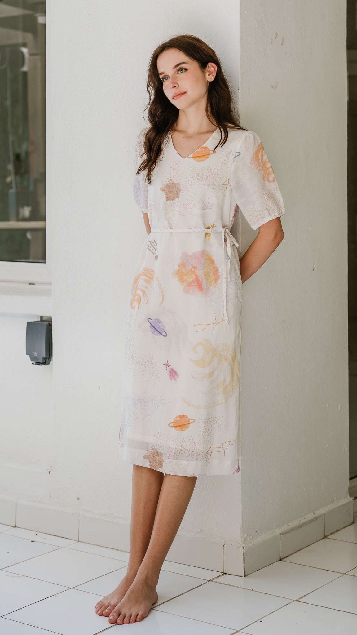 Constellations Sleeved Midi Linen Dress in Stardust