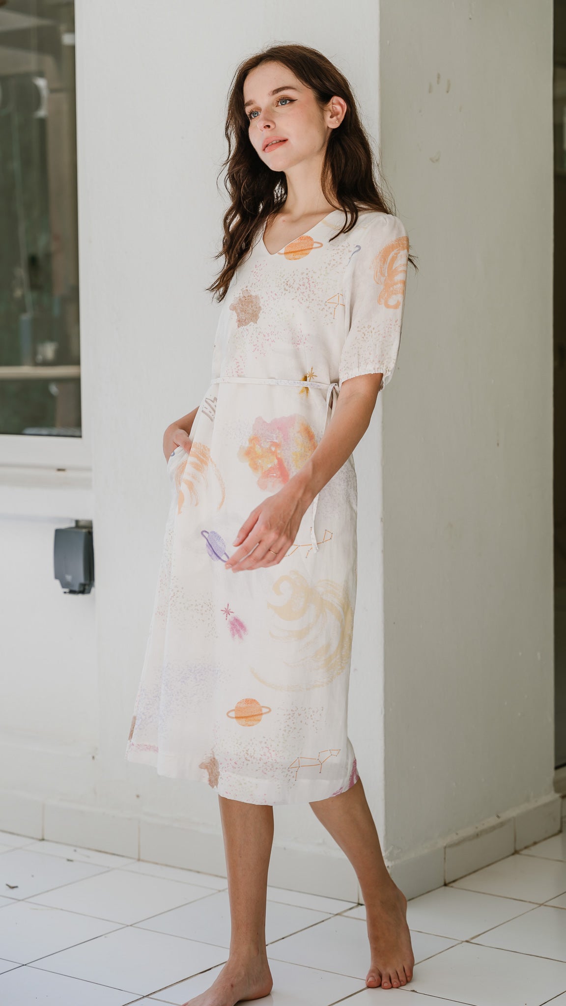 Constellations Sleeved Midi Linen Dress in Stardust