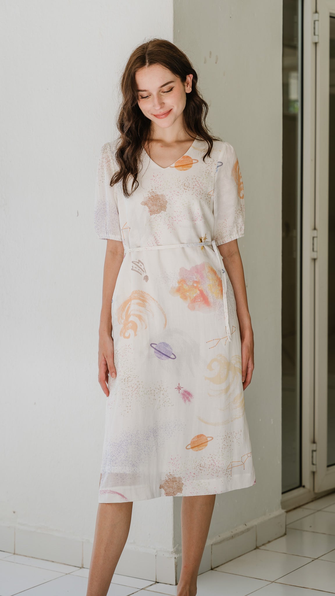 Constellations Sleeved Midi Linen Dress in Stardust