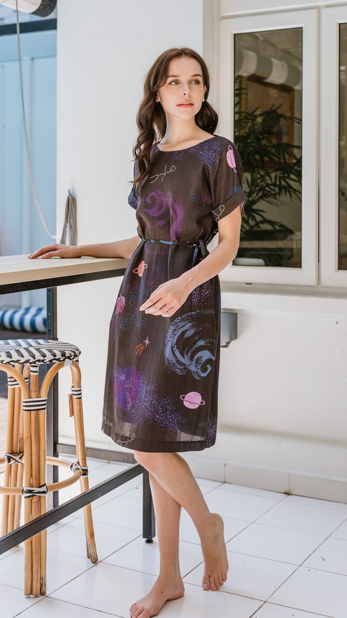 Constellations Cap Sleeve Two-Way Linen Dress in Eclipse