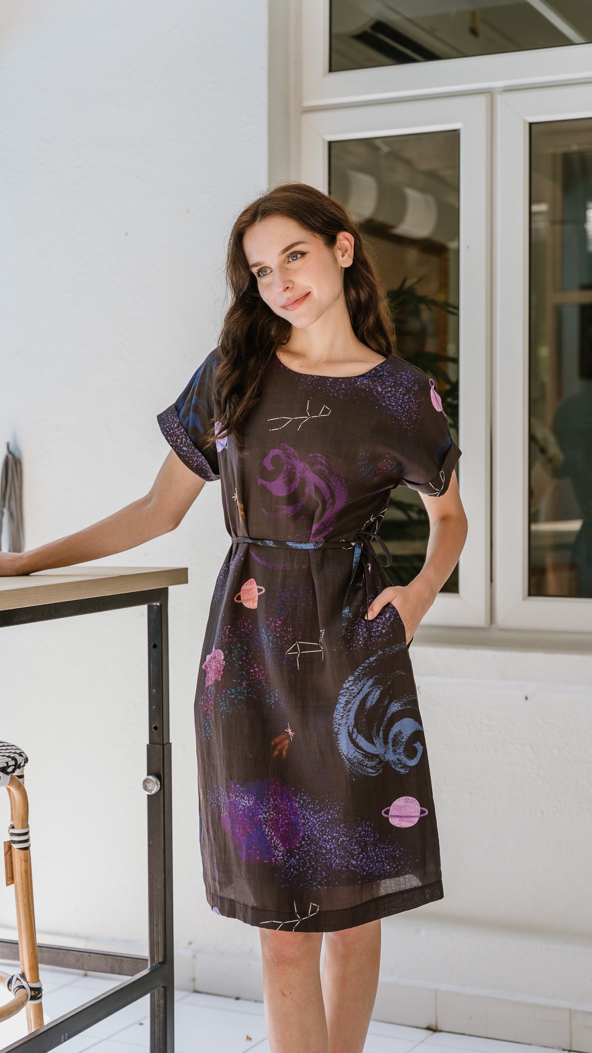 Constellations Cap Sleeve Two-Way Linen Dress in Eclipse