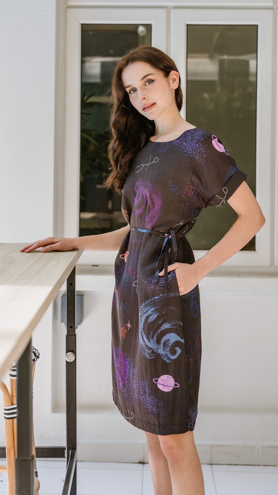 Constellations Cap Sleeve Two-Way Linen Dress in Eclipse