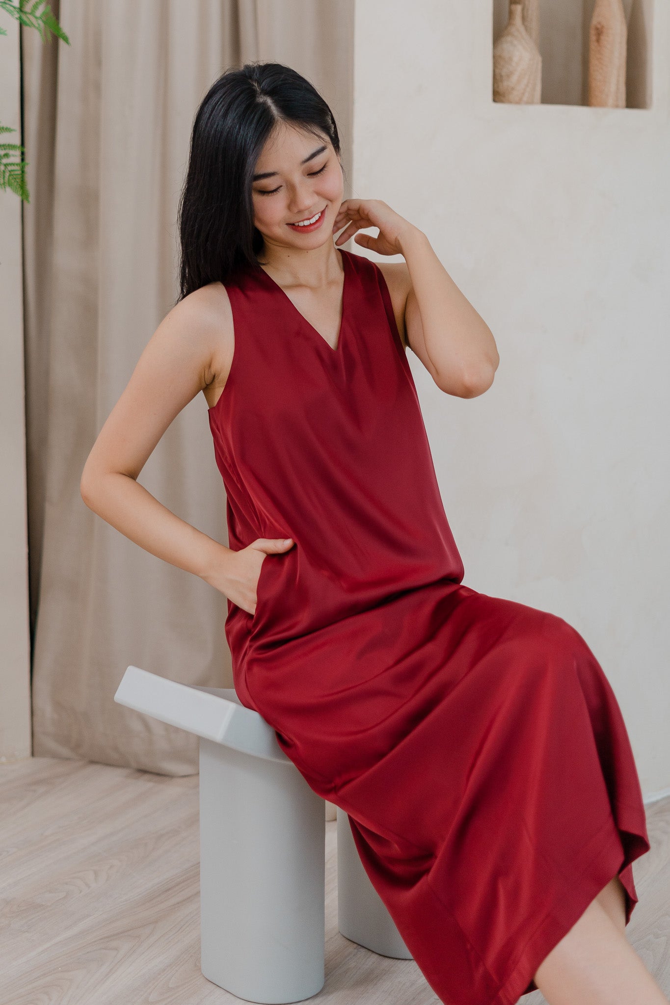 Mon Amour Knot Satin Midaxi Dress in Wine