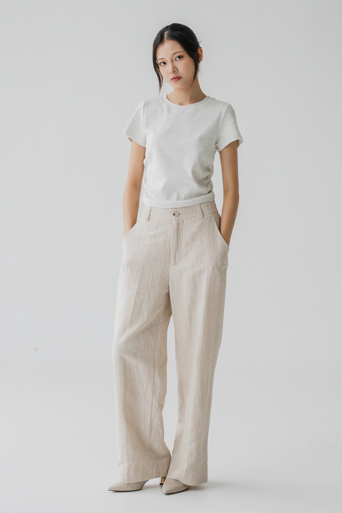 Comfy Ruched Ribbed Cropped Tee in Light Gray