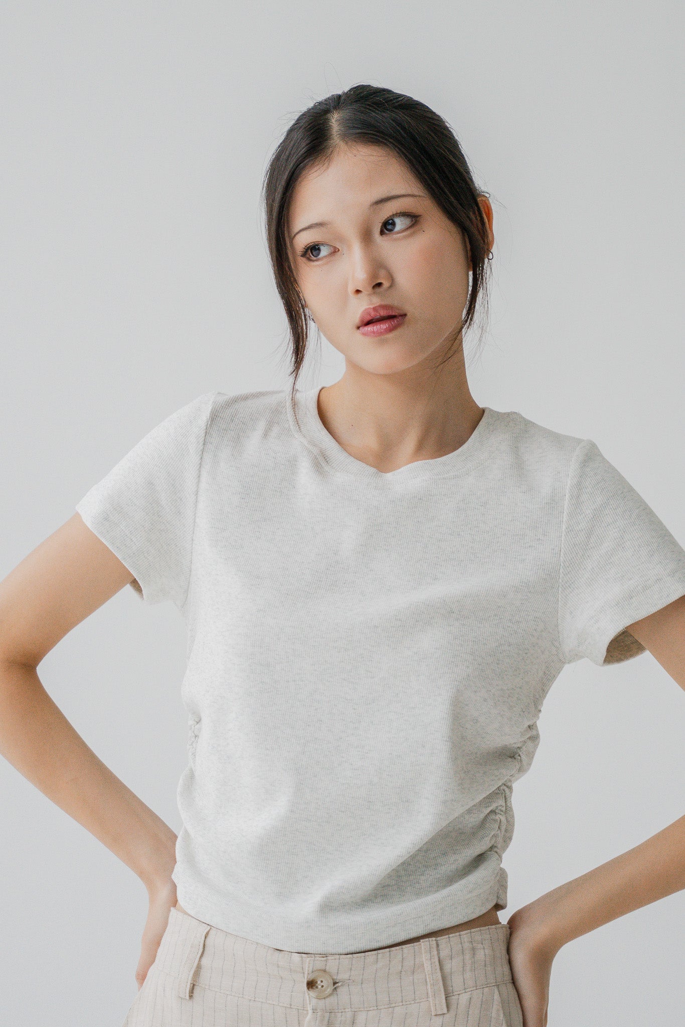 Comfy Ruched Ribbed Cropped Tee in Light Gray