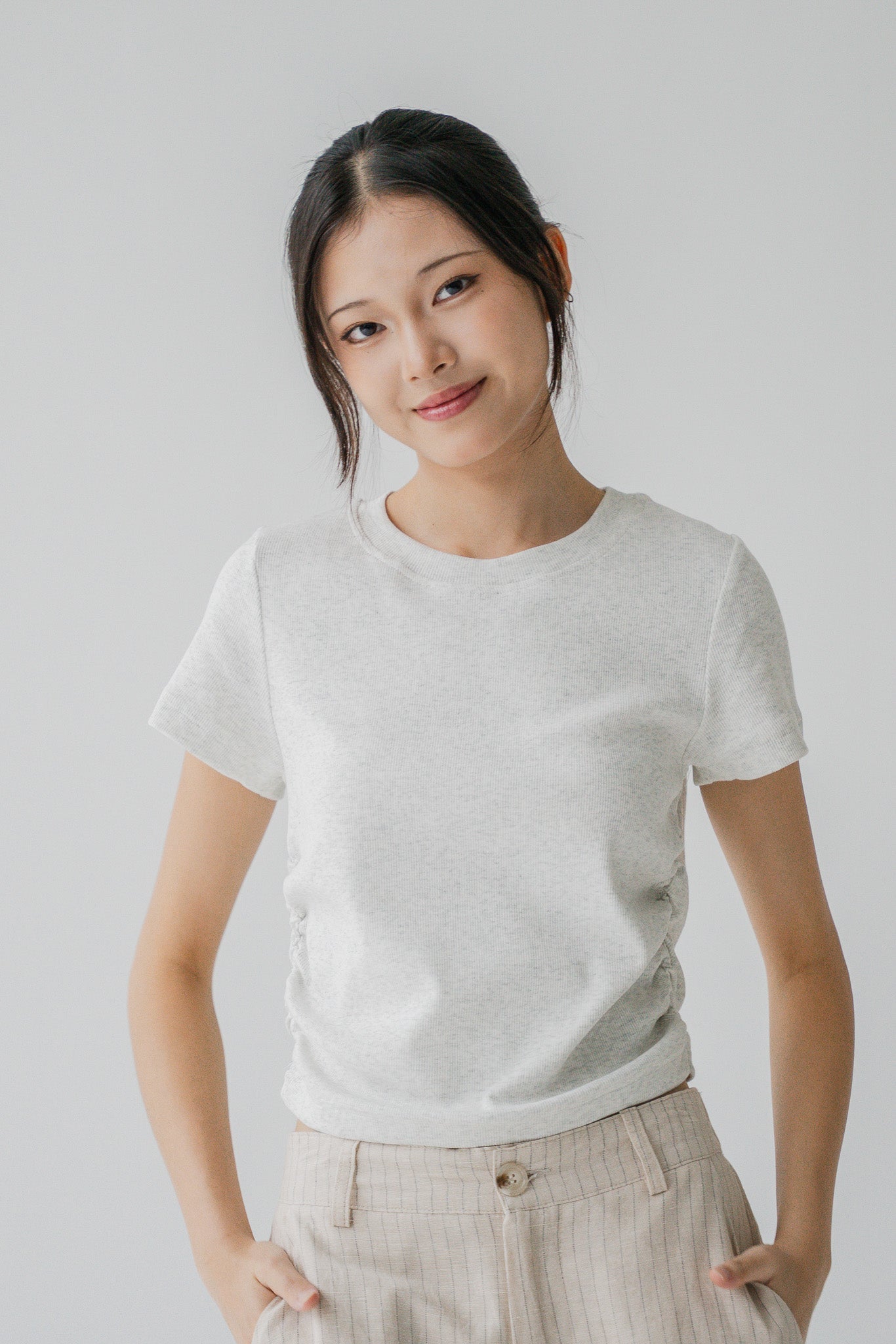 Comfy Ruched Ribbed Cropped Tee in Light Gray