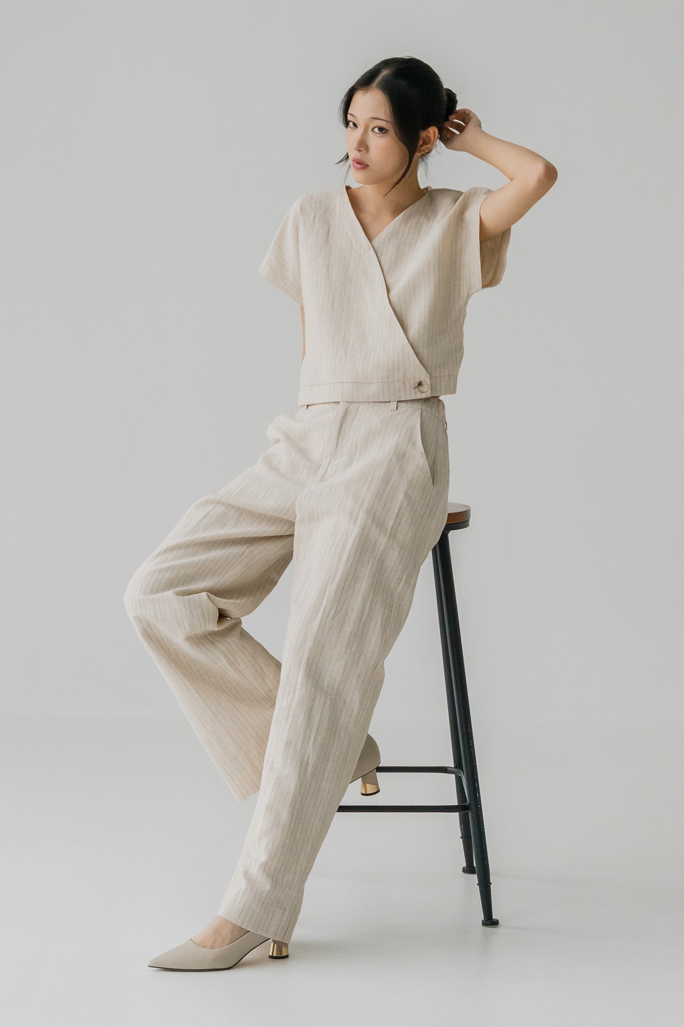 Miyabi Striped Linen Wrap Top in Natural