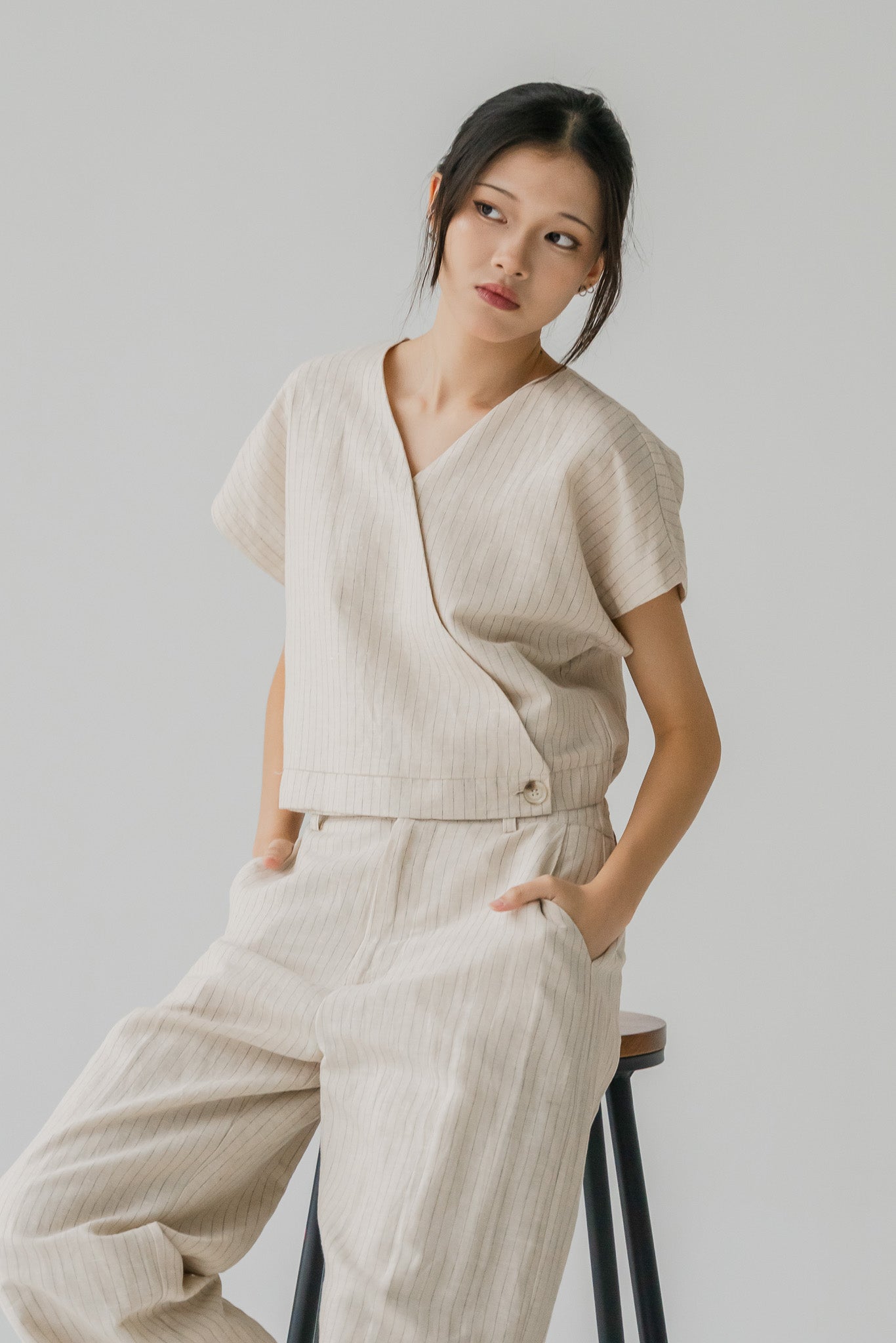 Miyabi Striped Linen Wrap Top in Natural