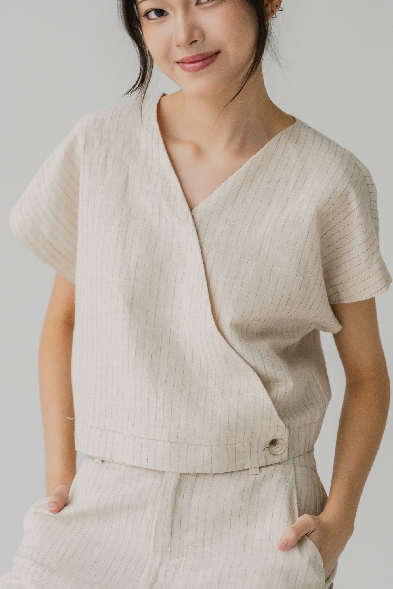 Miyabi Striped Linen Wrap Top in Natural