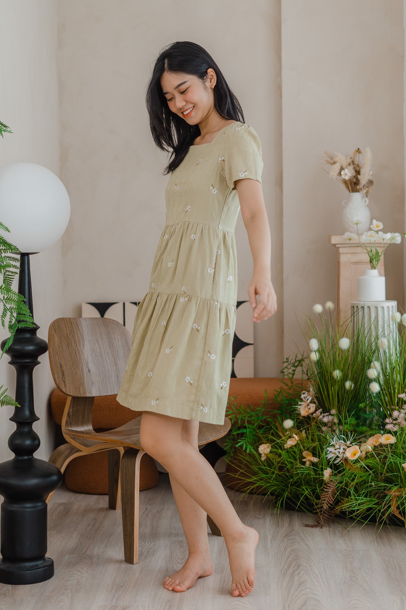 Ariana Embroidery Tiered Dress in Light Green
