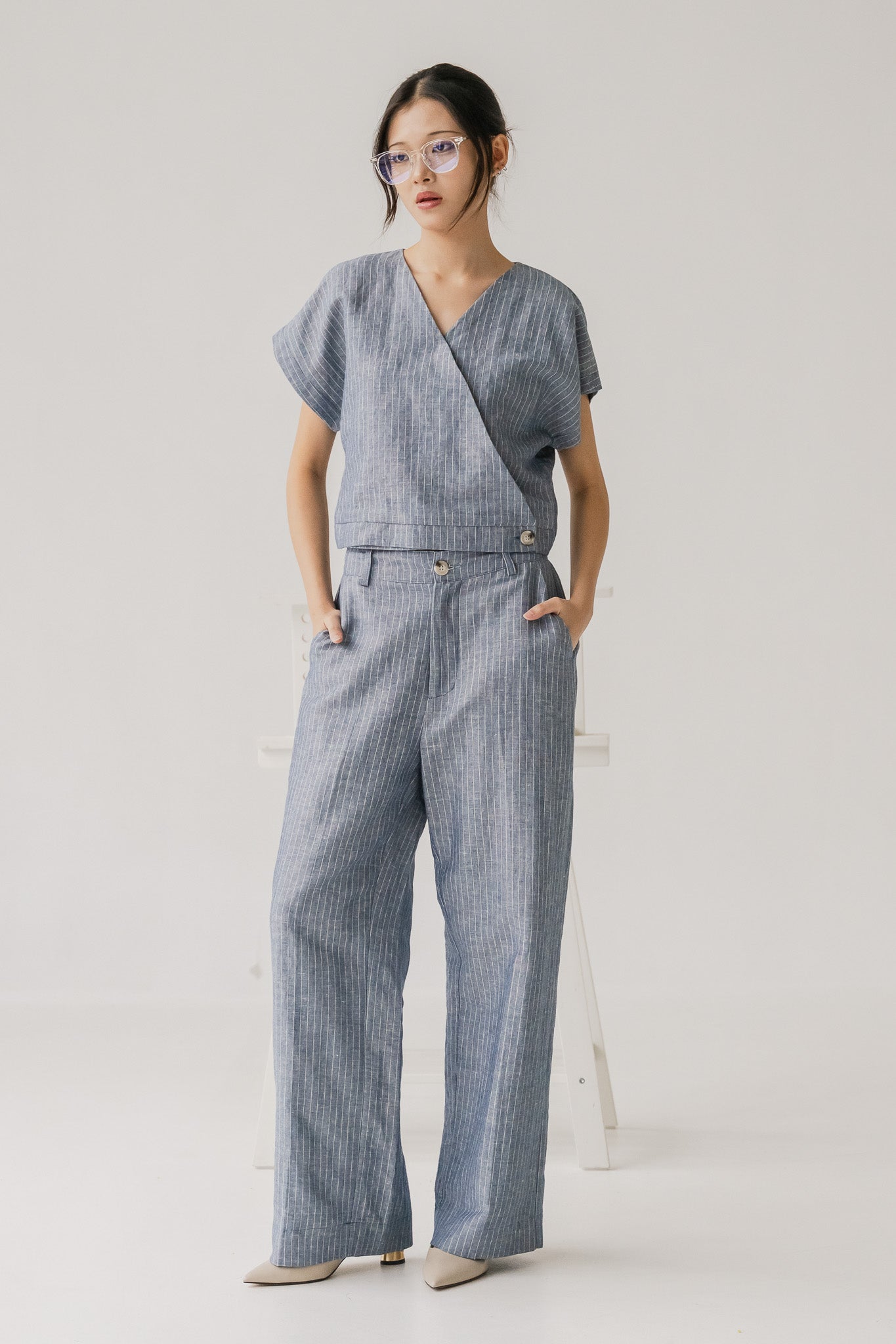 Miyabi Striped Linen Long Pants in Dark Blue