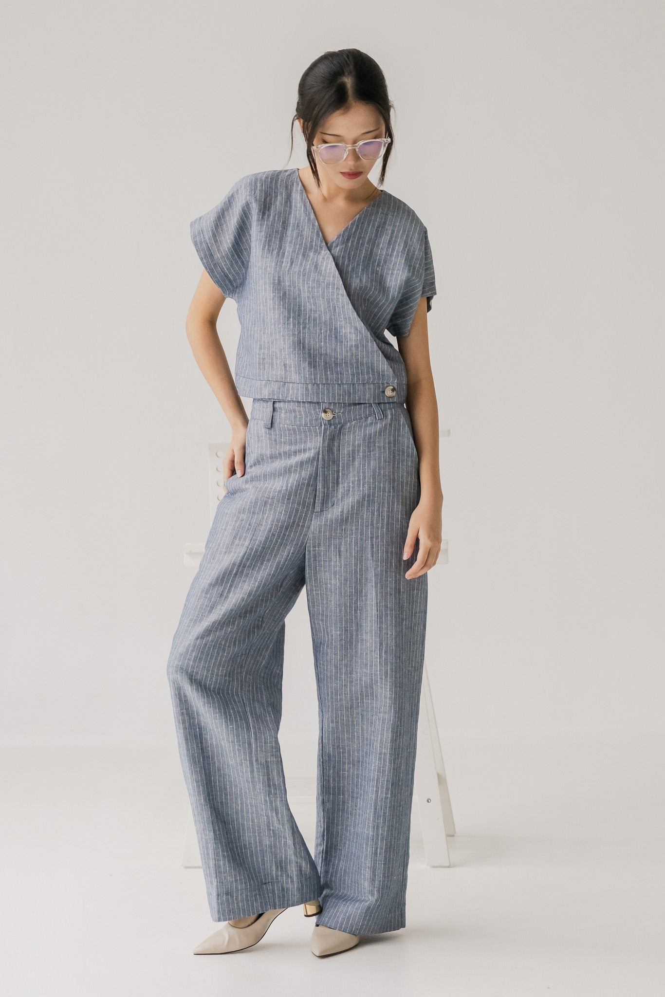 Miyabi Striped Linen Long Pants in Dark Blue