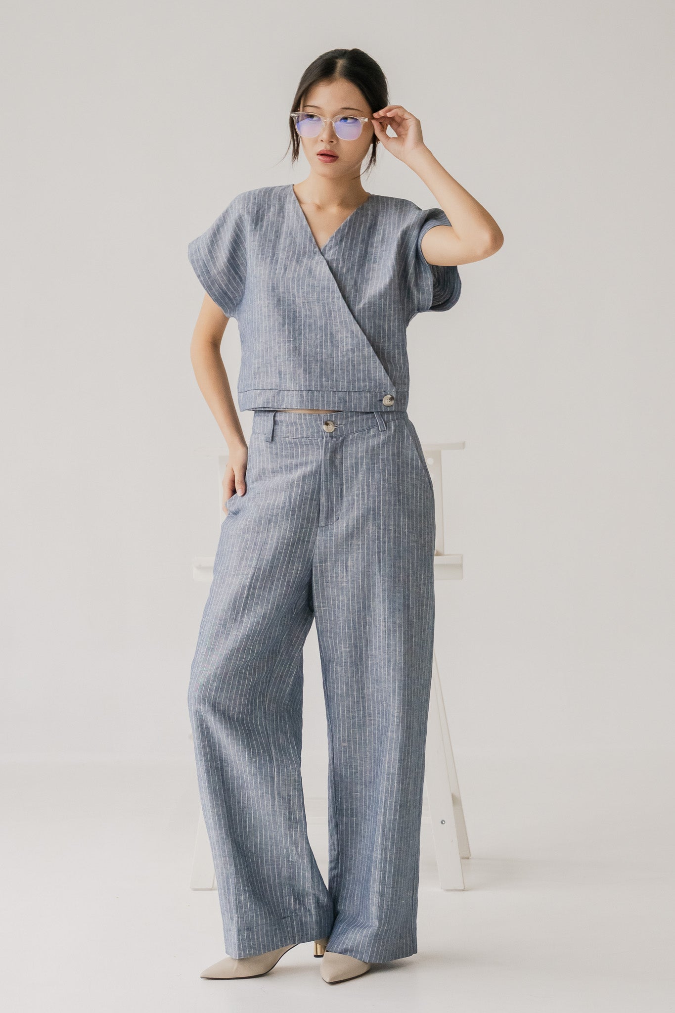 Miyabi Striped Linen Wrap Top in Dark Blue