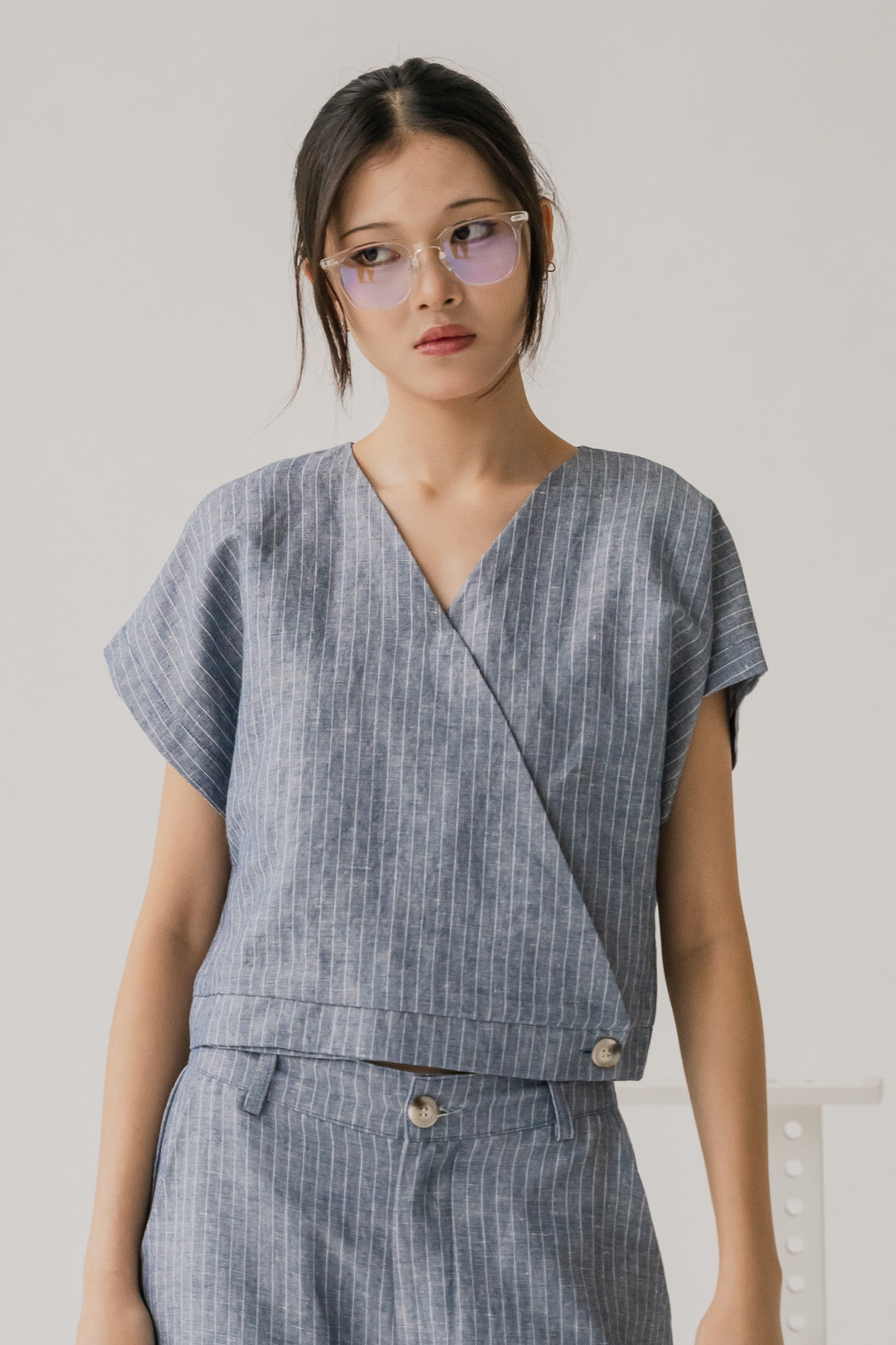Miyabi Striped Linen Wrap Top in Dark Blue