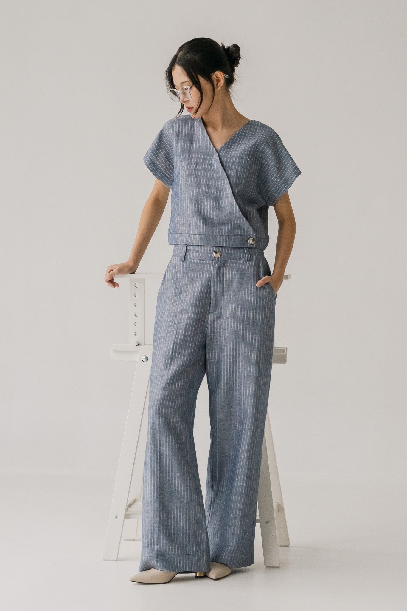 Miyabi Striped Linen Wrap Top in Dark Blue