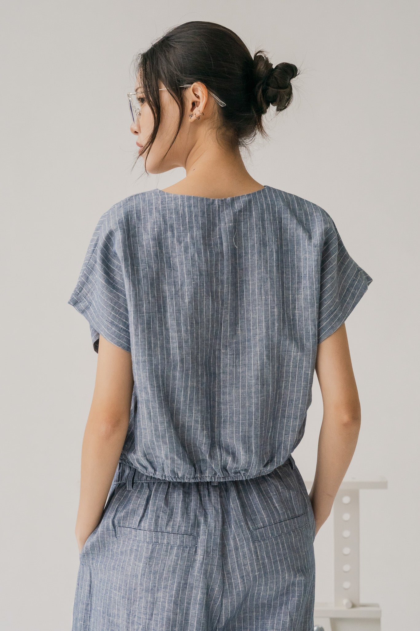 Miyabi Striped Linen Wrap Top in Dark Blue