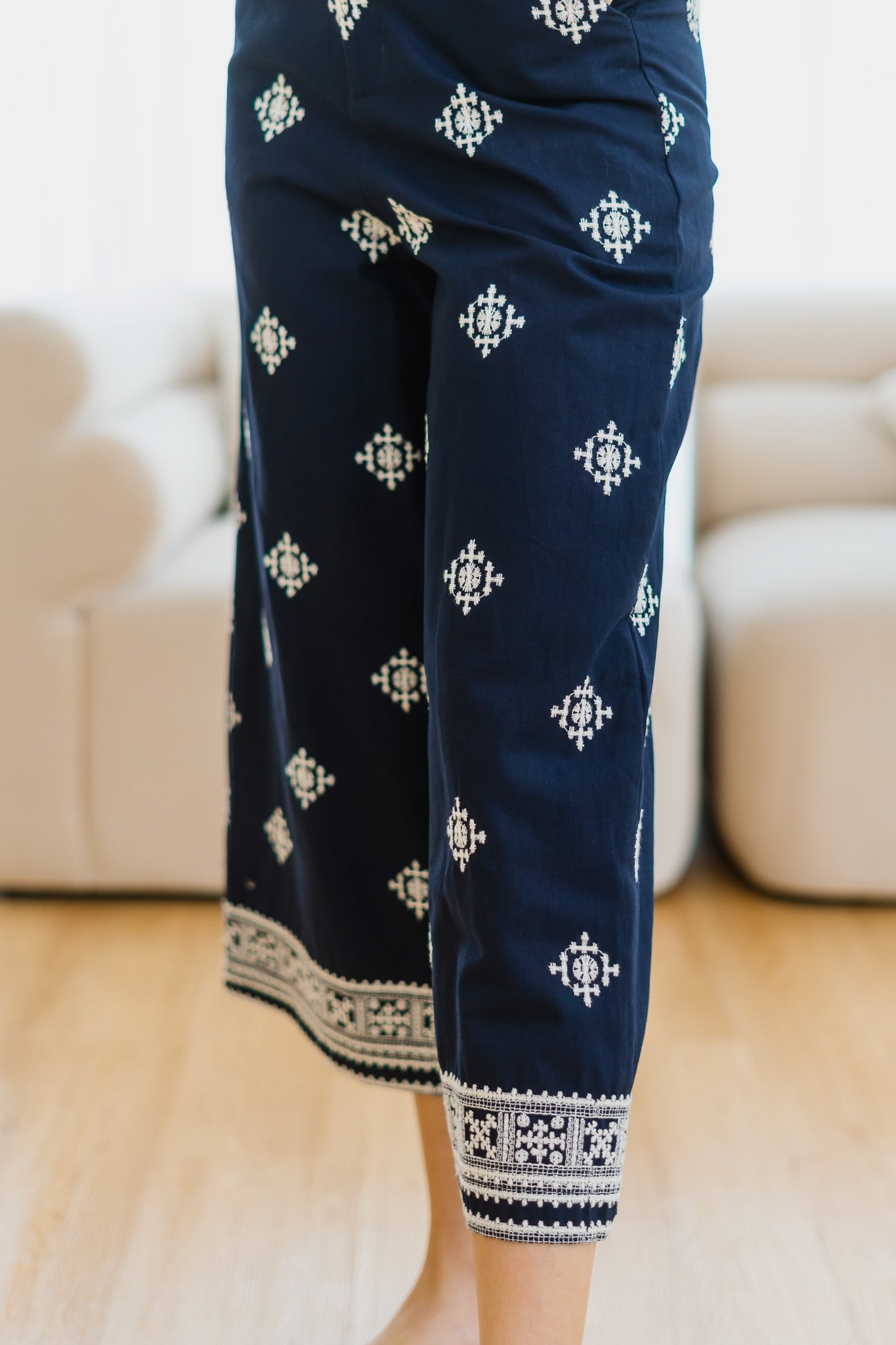 Mirador Aztec Embroidery Linen Pants in Navy - First Stitch