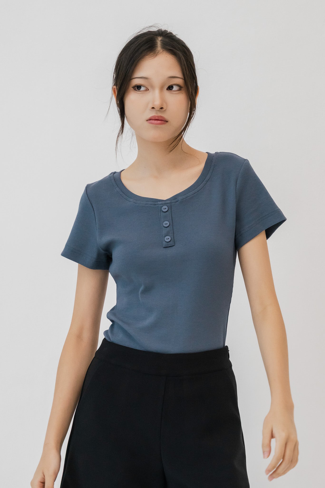 Comfy Scoop Neck Ribbed Tee in Blue