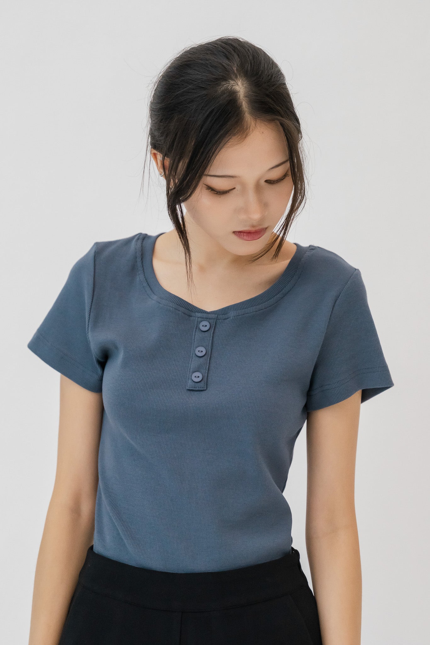 Comfy Scoop Neck Ribbed Tee in Blue
