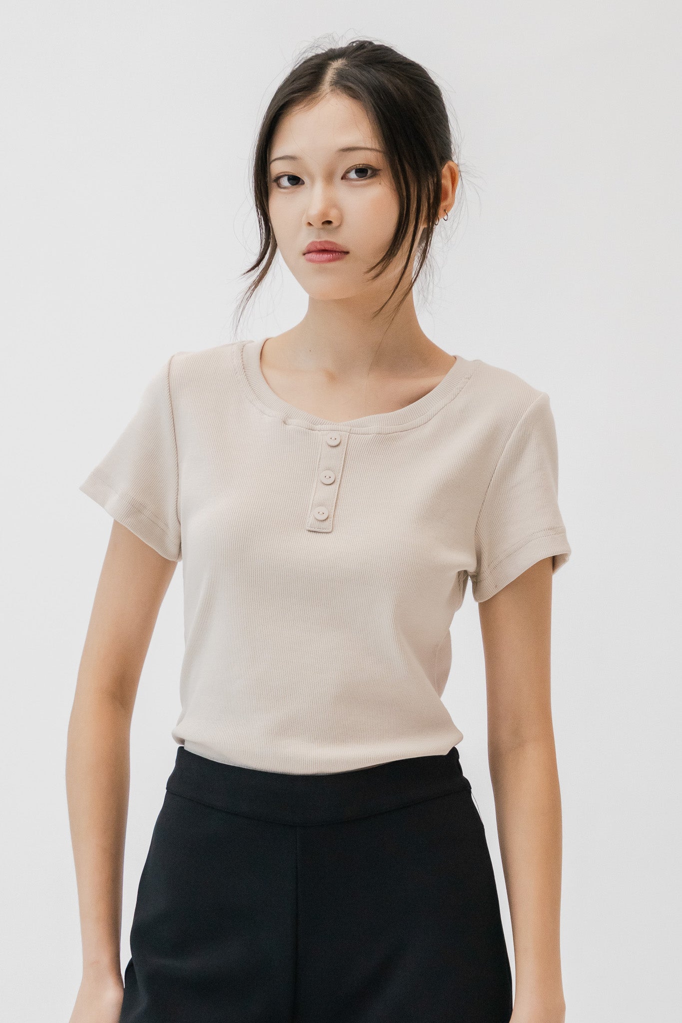 Comfy Scoop Neck Ribbed Tee in Sand