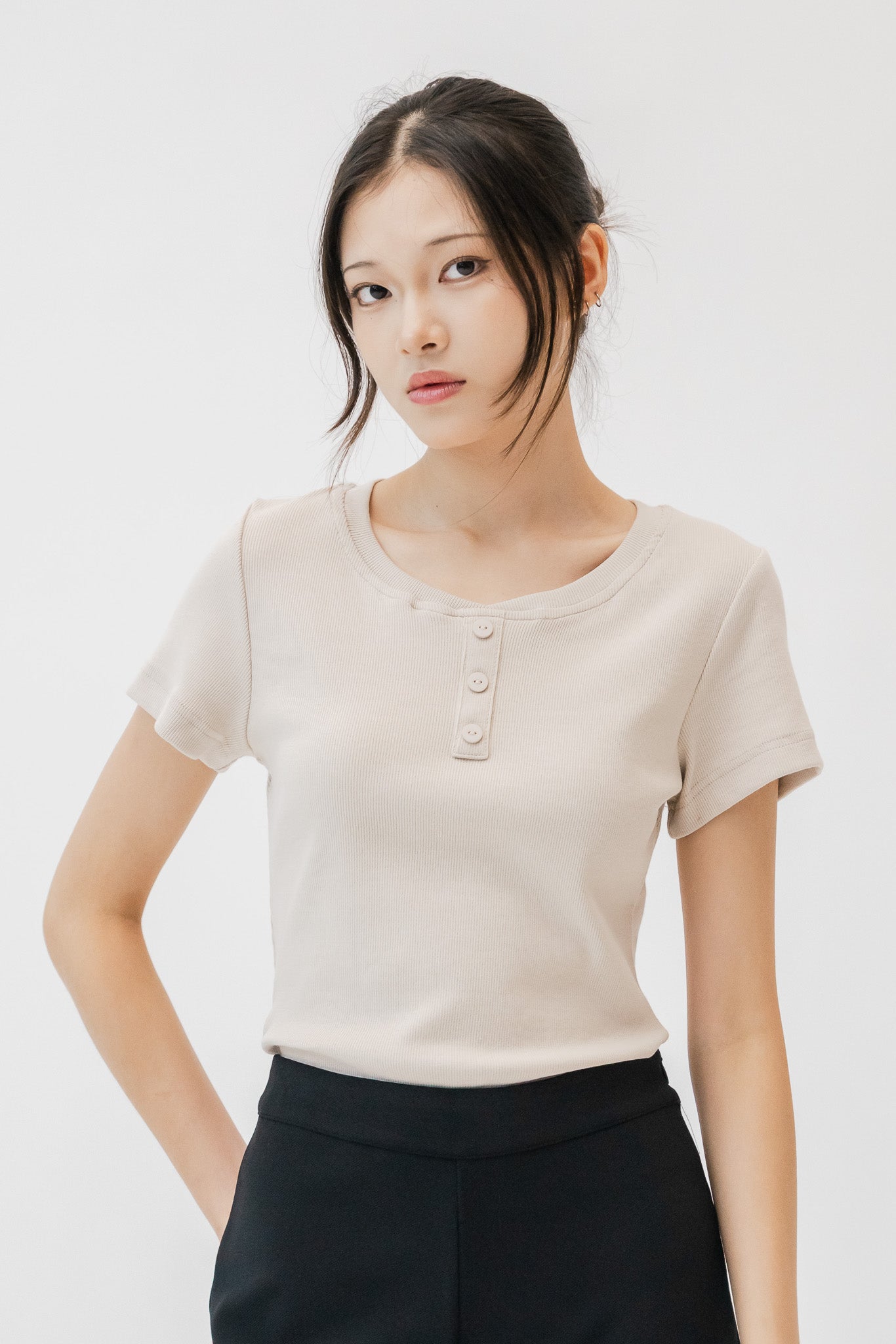 Comfy Scoop Neck Ribbed Tee in Sand