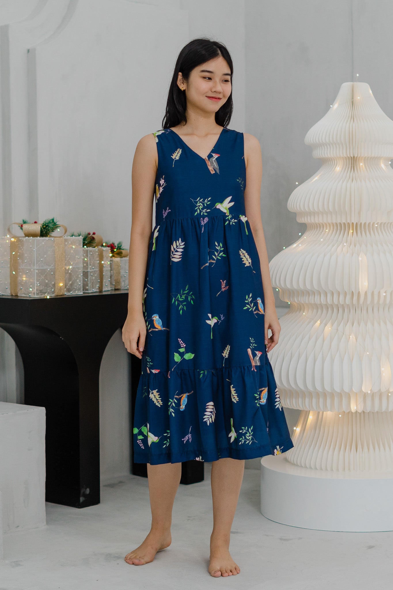 Birds of Paradise Tiered Midaxi Dress in Heron