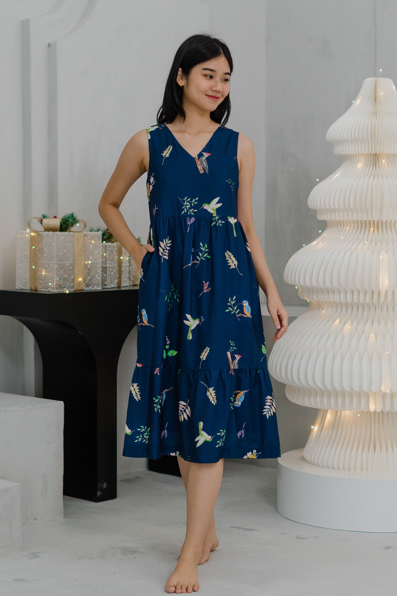 Birds of Paradise Tiered Midaxi Dress in Heron
