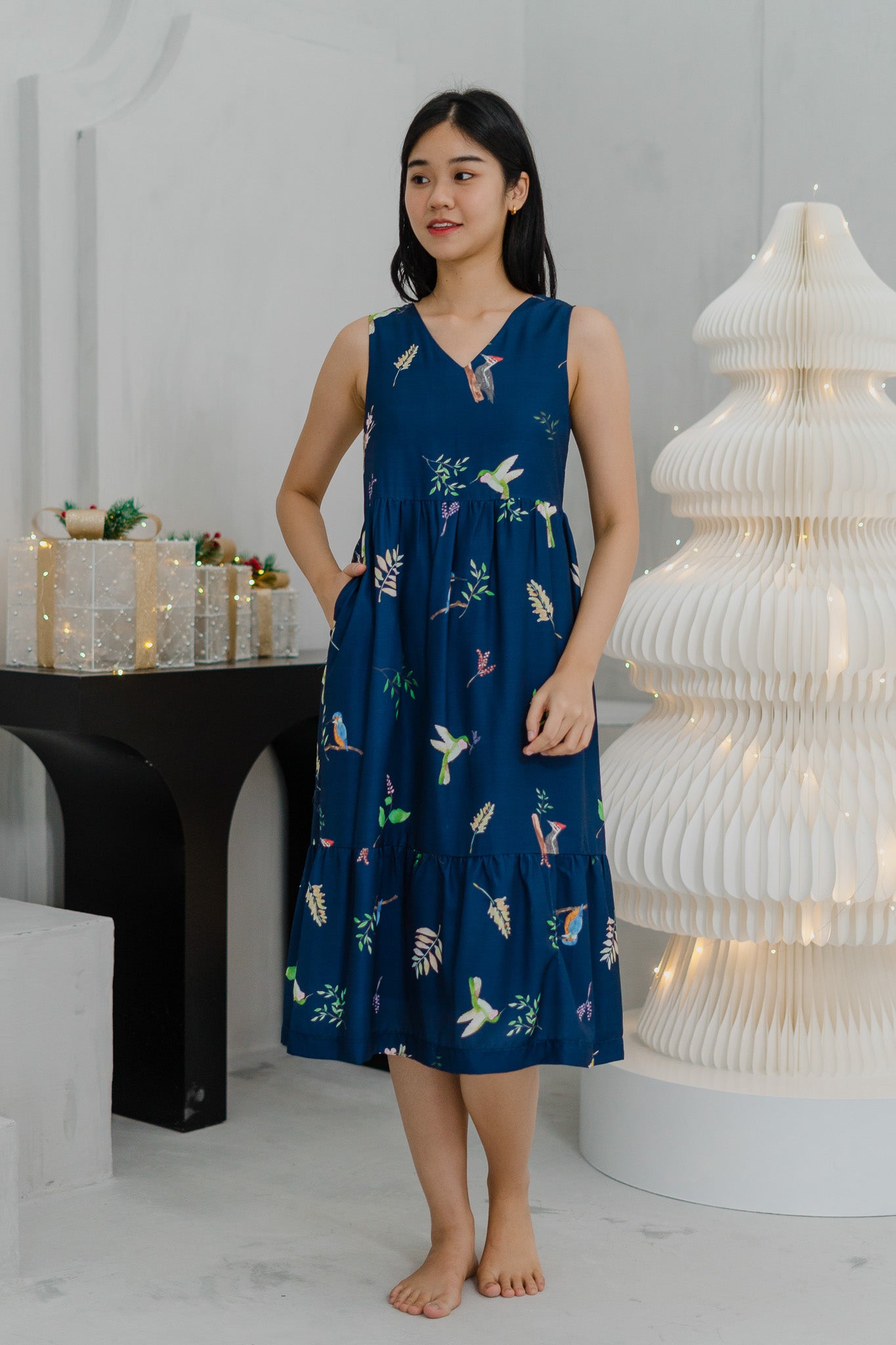 Birds of Paradise Tiered Midaxi Dress in Heron