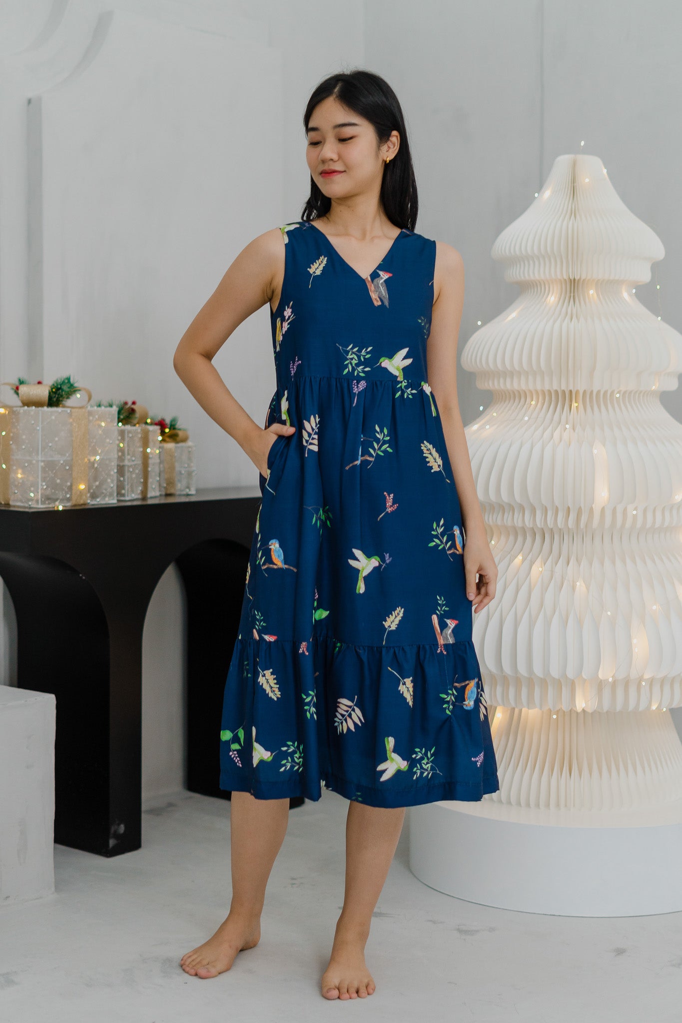 Birds of Paradise Tiered Midaxi Dress in Heron