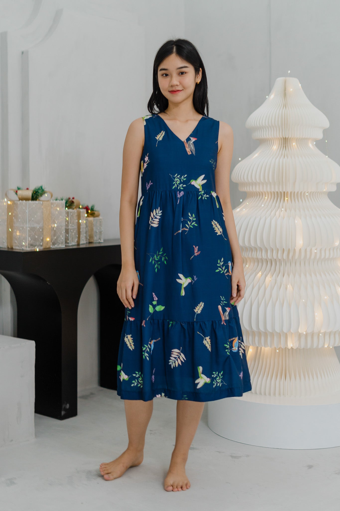 Birds of Paradise Tiered Midaxi Dress in Heron