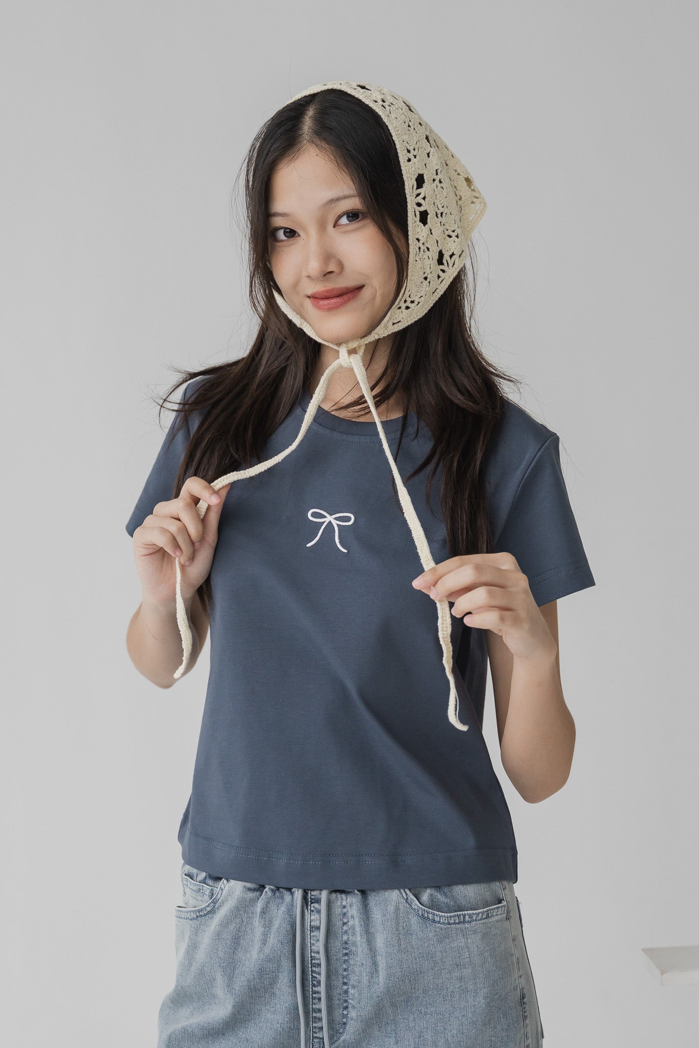 Ribbon Embroidery Tee in Dark Blue