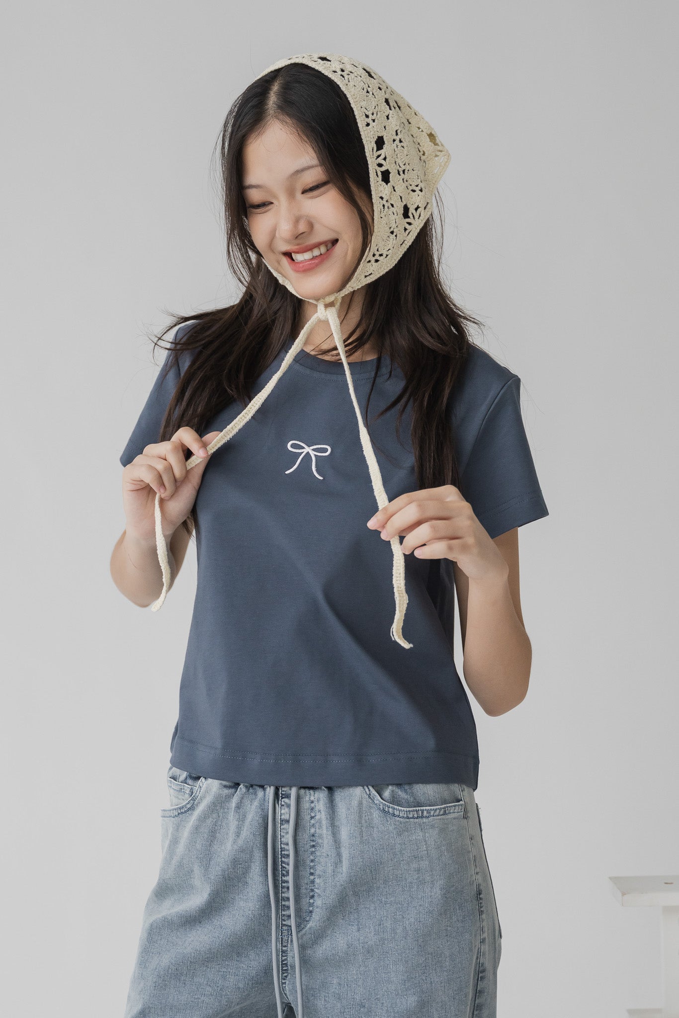 Ribbon Embroidery Tee in Dark Blue