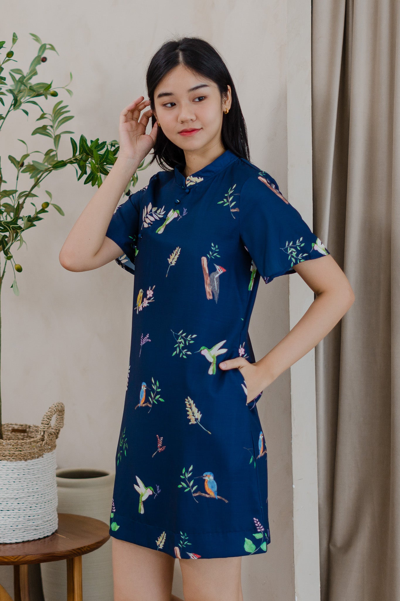 Birds Of Paradise Sleeved Cheongsam Dress in Heron