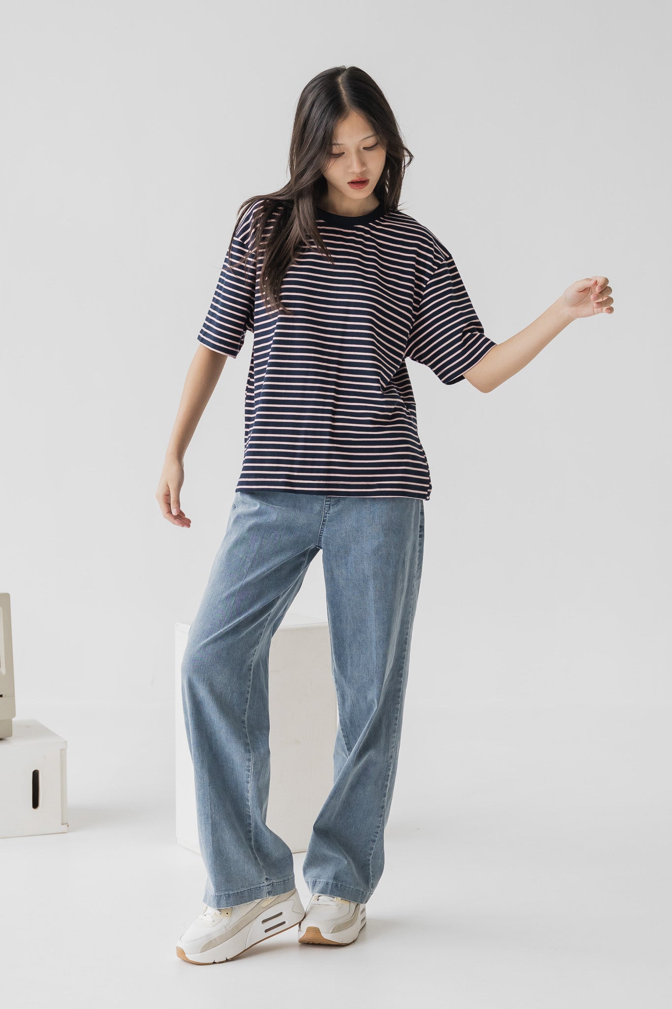 Back Slit Oversized Striped Tee in Navy