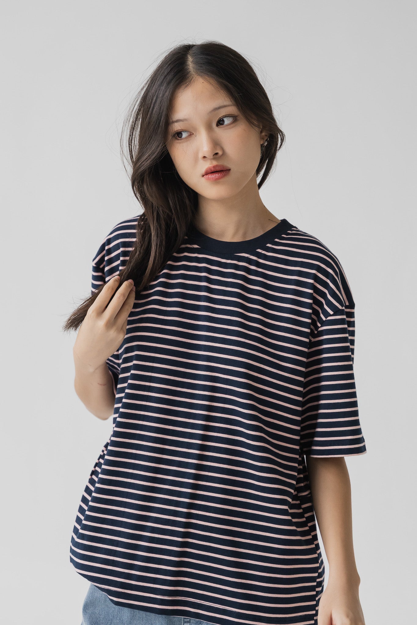 Back Slit Oversized Striped Tee in Navy