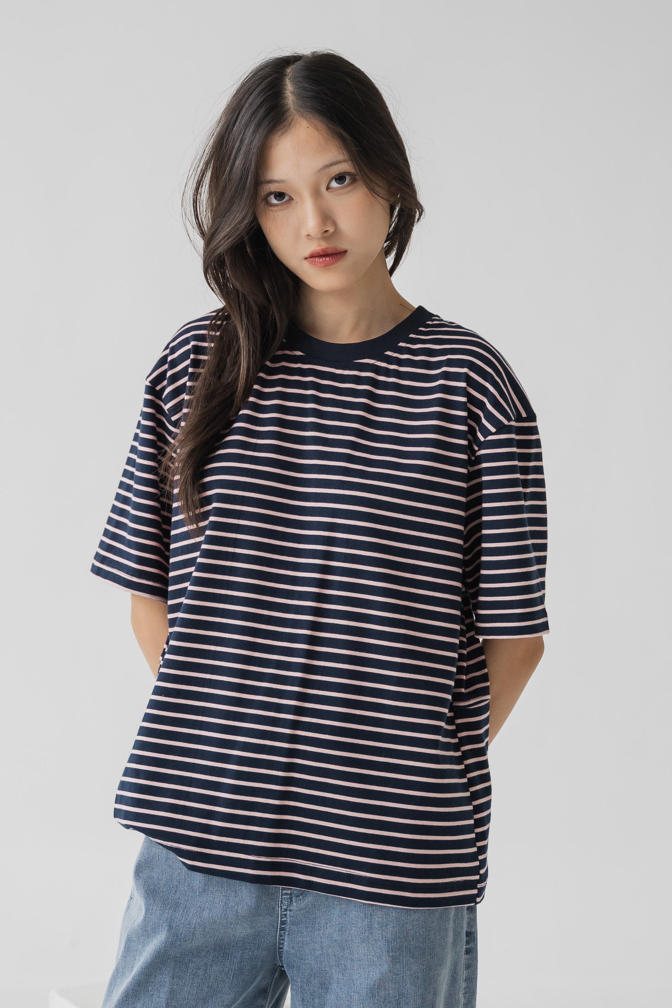Back Slit Oversized Striped Tee in Navy
