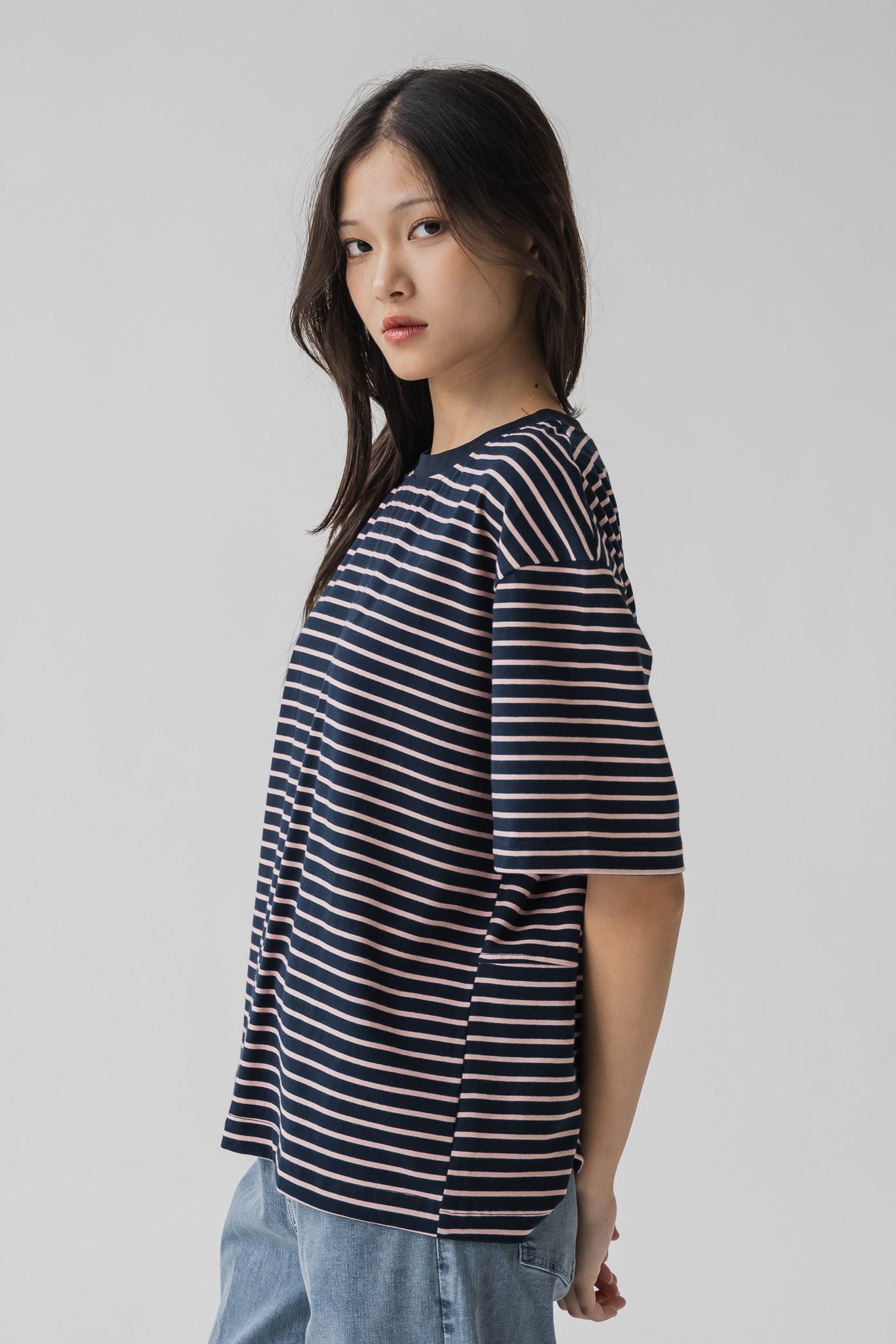 Back Slit Oversized Striped Tee in Navy